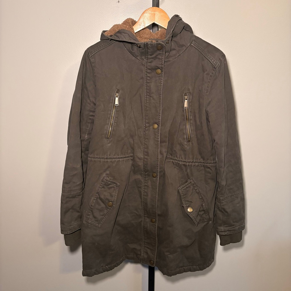 Women's BCBGeneration Gray Utility Jacket‎ with Brown Faux Fur Lining L